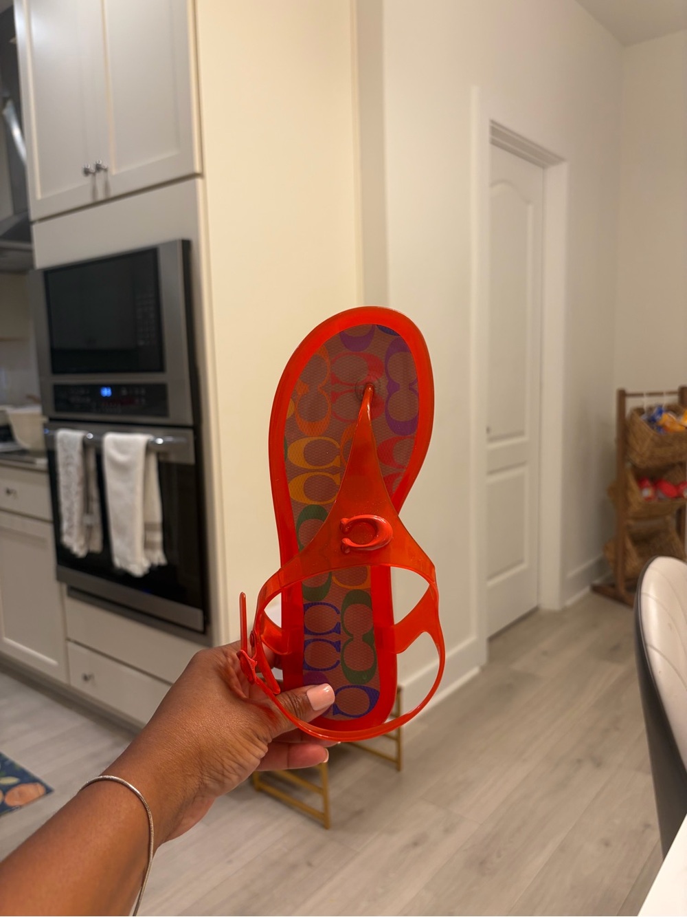Coach Red Jelly T-Strap Sandals with Multicolor Printed Footbed - Picture 4 of 8